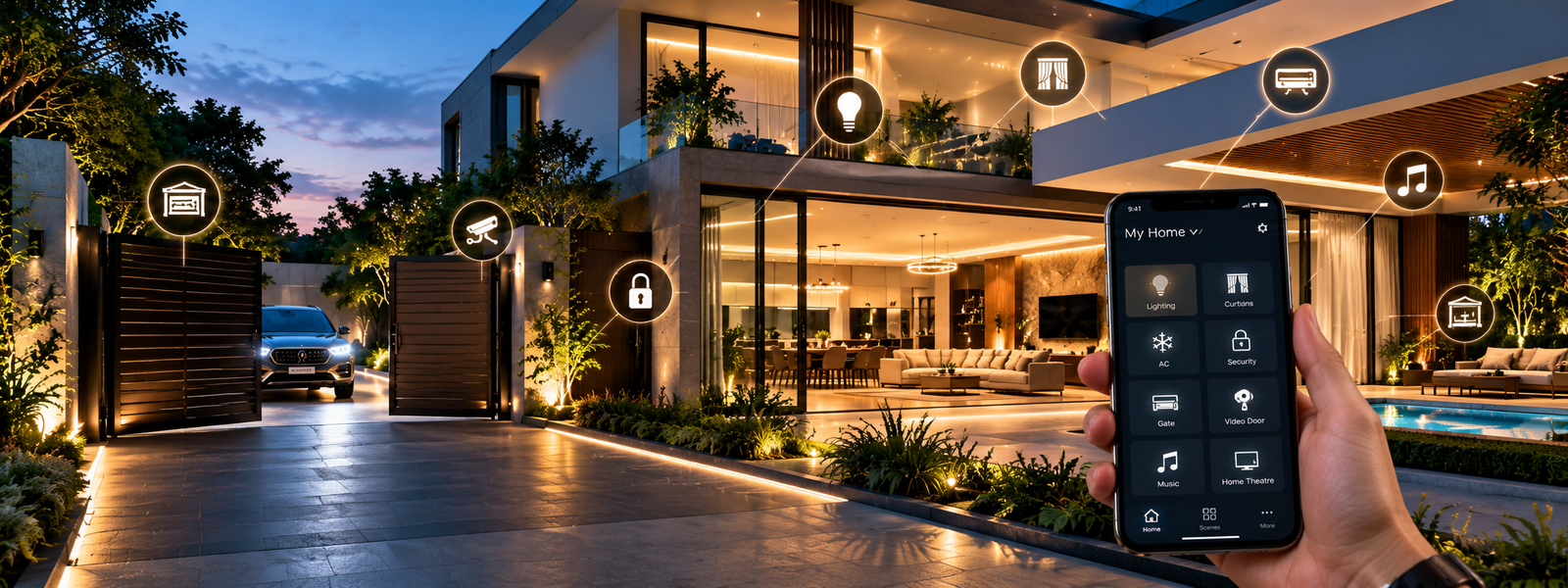Modern smart home with connected lighting, security, curtains, gate and home automation controls