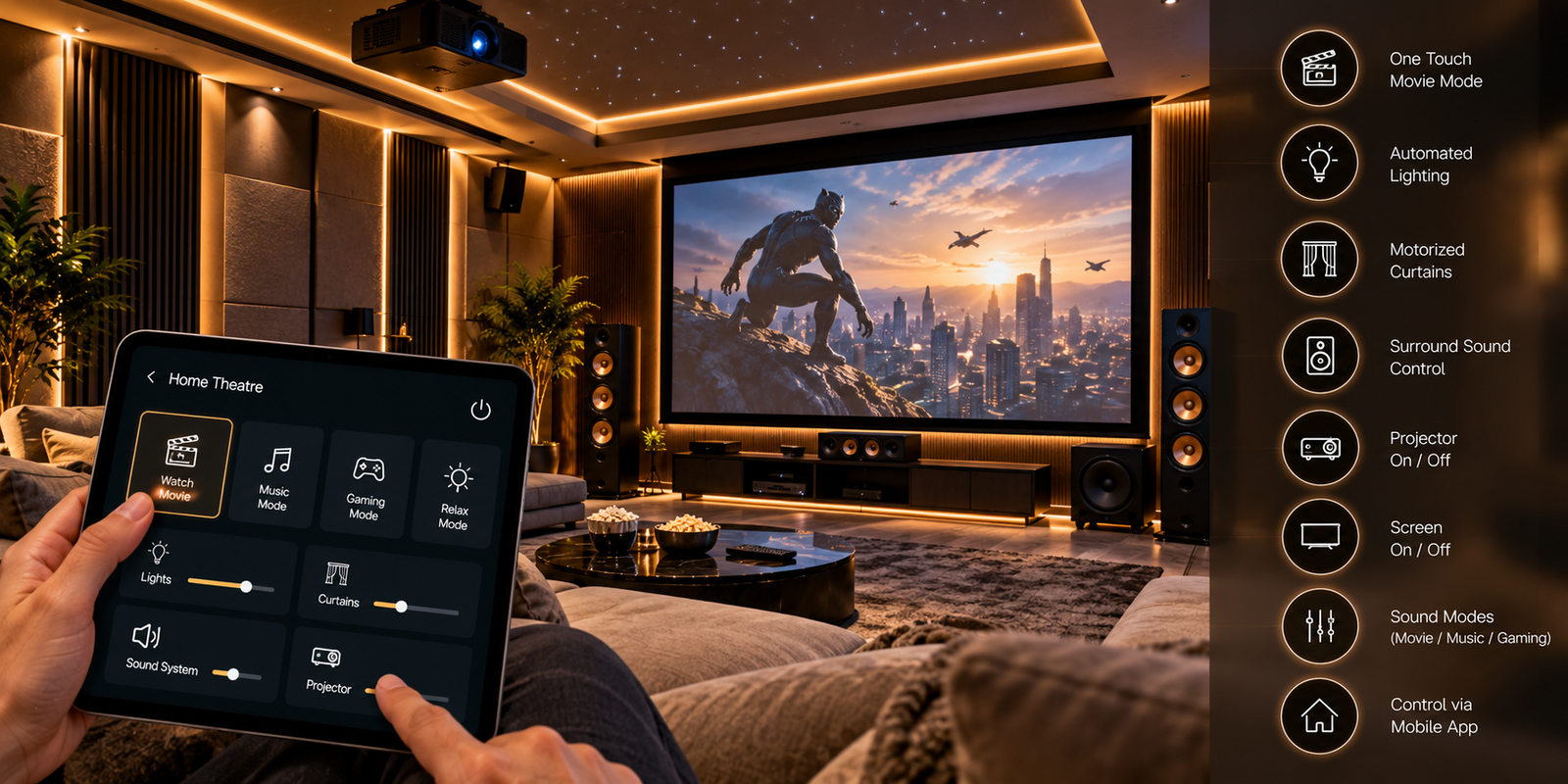 Home theatre automation with movie mode, lighting, motorized curtains, surround sound and projector control