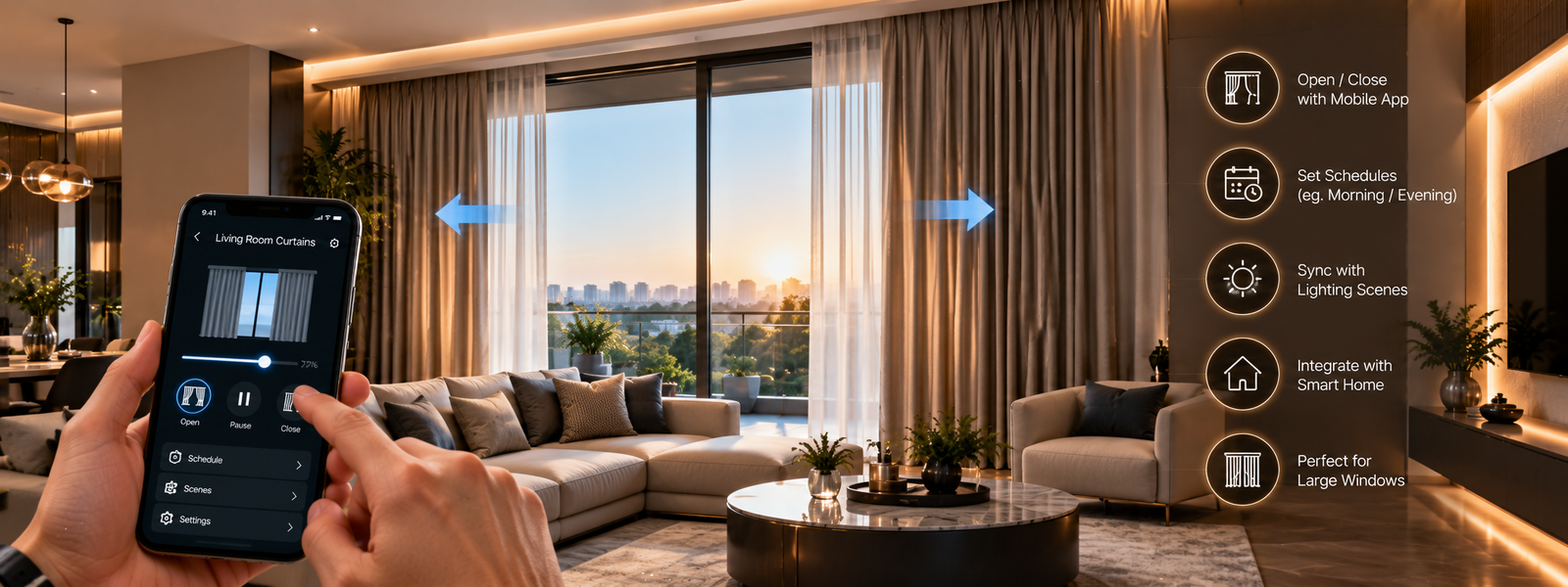 Motorized curtains controlled through a smartphone in a luxury living room