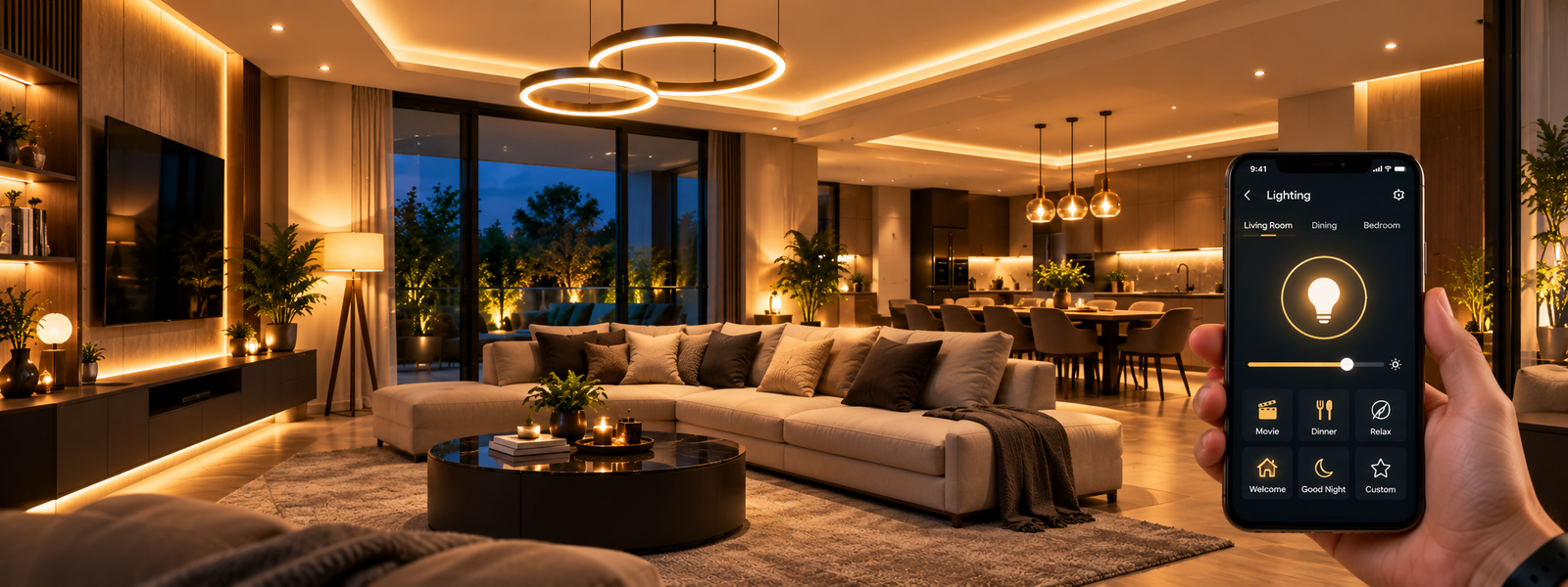 Smart lighting in a luxury living and dining space controlled through a smartphone